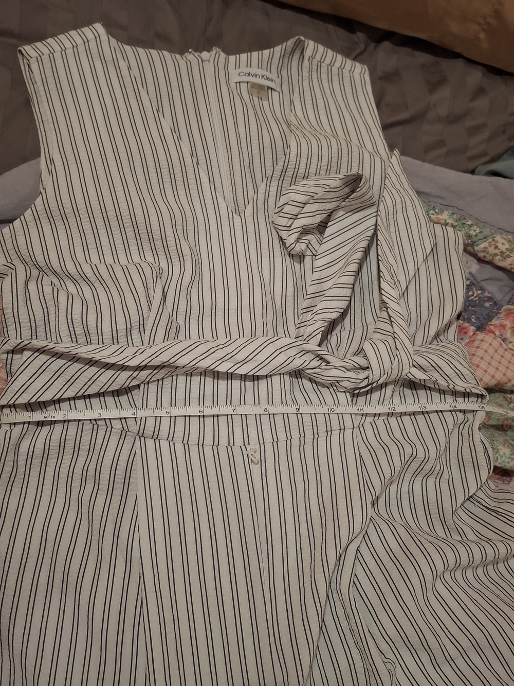 Calvin Klein Striped V-Neck Tie-Waist Cropped Jumpsuit in Beige and White - Picture 15 of 16